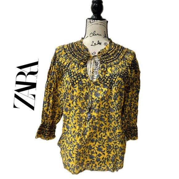 ZARA BLOUSE RUFFLE KEY HOLE NECK PUFF SLEEVES TUCKEBLE SZ S FLORAL BOHO CHIC - Picture 1 of 16